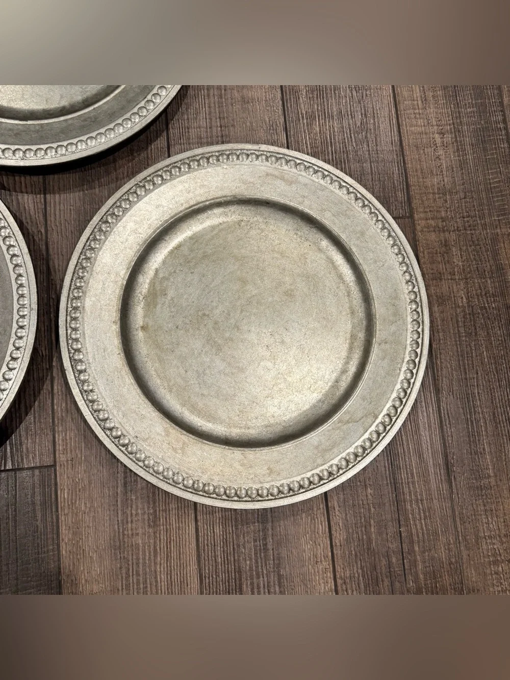 Set of 3 Pottery Barn Beaded Silver Gilt Charger Plates Pewter-Look